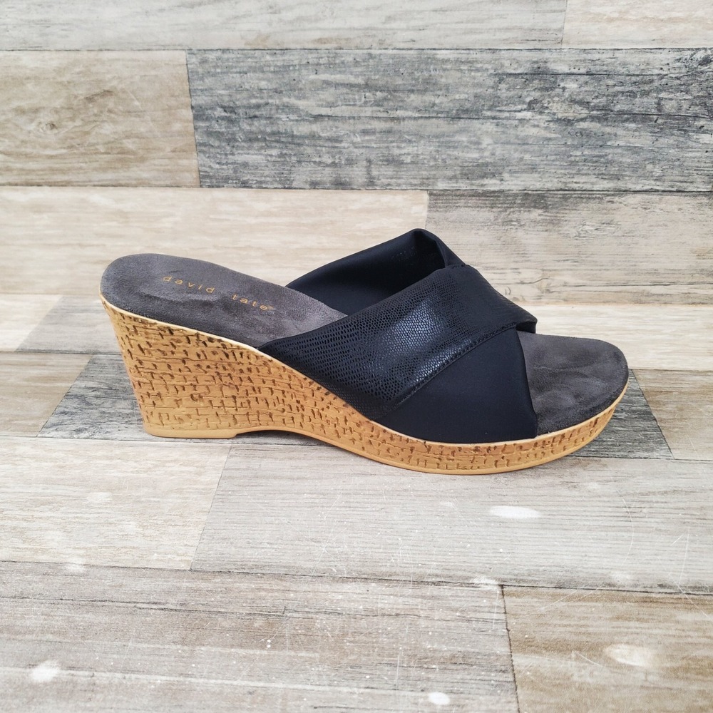 David Tate Womens Dressy Mules Sz 11 M Perfect Wedge Heel Black Lizard Sandals